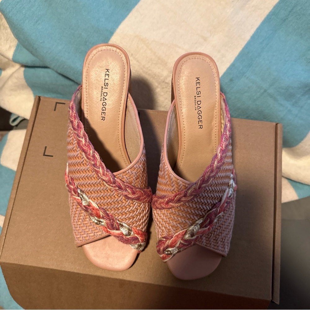 Kelsi Dagger Pink and Gold Woven Mules